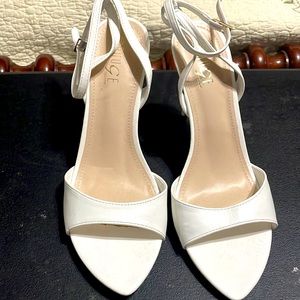 White open pointed toe ankle strap high heel shoes